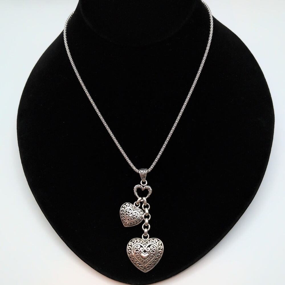 Sterling Silver 925 ATI Drop Filigree Dangle Hearts Pendant Necklace 10.65g